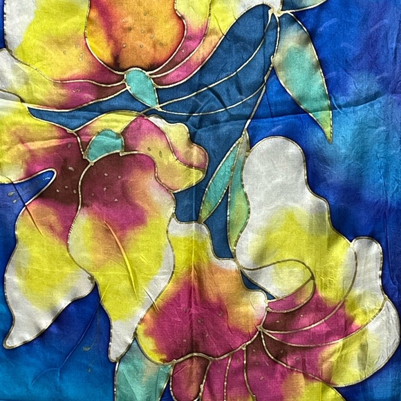 Vintage Silk Hand Painted Blue Yellow Pink Gold Scarf - Picture 2 of 4